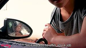 A cute student joins researcher and driver for sexual investigation