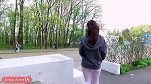 Jeny Smith flashes white pantyhose in a sporty outdoor tease