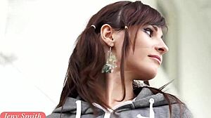 Jeny Smith flashes white pantyhose in a sporty outdoor tease