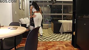 I love my huge latina ass in white leggings, showing tan lines and natural tits