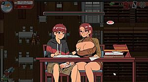 Nerdy girl in spooky milk life hentai game gives a sneaky public handjob in library.