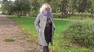 Milf in Nylon Outfit Walks Outdoors Transparently