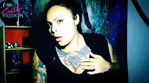 sexy latina strips lingerie, rips clothes in tattooed flashing compilation