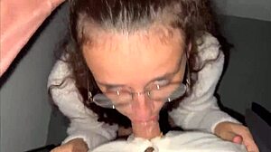 She Sucks in Doorway, Fucks at Home, Cums on Glasses