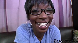 Ebony amateur feels deep pleasure deepthroating white cock