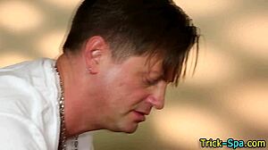 Beautiful Brunette Babe Feels Intense Pleasure During Handjob Massage