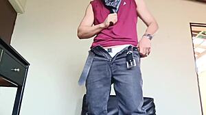 Young man strips naked and cums very hot with armpit and boots