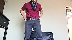 Young man strips naked and cums very hot with armpit and boots