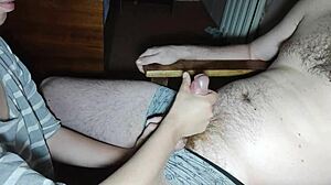 asian brunette jerks cock in panties thong close-up cum