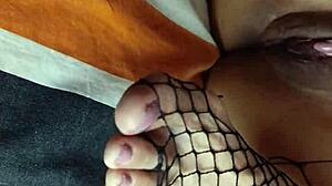 Foot fetish lover pounds her deliciously, finishing on sexy feet.