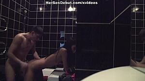 Brunette Teen with Piercing and Tattoo Feels Intense Pleasure in Bathroom Fuck