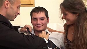 Two bisexual guys share cute brunette passionately