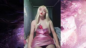 Shemale in Glitter Pink Tube Top Masturbates with Big Dick by Selena Sister