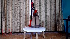 Suggestive Nice Lady Teases in Pantyhose and Heels at Round Table