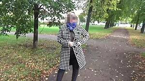 sexy milf walks with transparent nylon big boobs outdoors