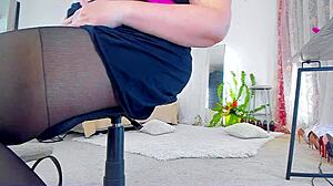 Curvy milf Sonya in black nylon pantyhose showing her booty legs n hairy pussy upskirt high heels dildo tease