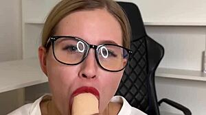 a sexy secretary flirts and masturbates with toys while talking dirty