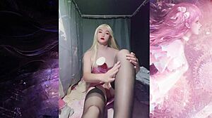 Shemale in Glitter Pink Tube Top Masturbates with Big Dick by Selena Sister