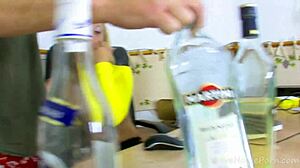 Leggy blonde takes hard cock in her ass boldly.