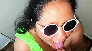 I'm a bbw in green slingshot swallowing cum all over my big tits