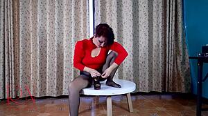 Suggestive Nice Lady Teases in Pantyhose and Heels at Round Table