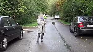 sexy milf walks with transparent nylon big boobs outdoors