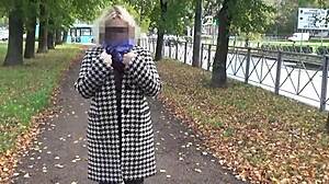 sexy milf walks with transparent nylon big boobs outdoors