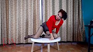 Suggestive Nice Lady Teases in Pantyhose and Heels at Round Table