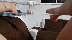 smell of pussy with cum dripping down naughty leg while masturbating wet on sofa with big tits and ass