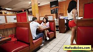 TWO SEXY AND HORNY BIG TIT WAITRESSES SHARE HUGE COCK IN PUBLIC DINER - ELANA BUNNZ EDEN WEST DEREK SAVAGE