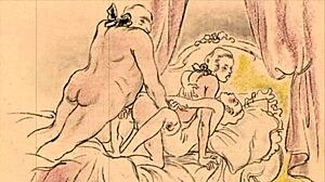 Vintage Cartoon Illustration of Antique Anime Hentai Scene