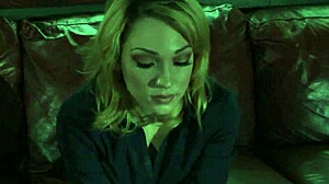 Halloween night with a sexy nude blonde on the bed