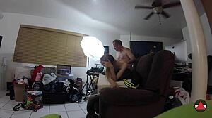 The skinny blonde amateur in spandex costume moans as she gets fucked and cums on her ass.