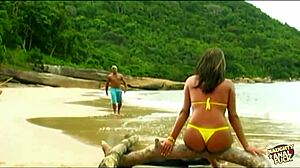 Latina in bikini, small tits, hairy pussy pounded hard! Cum in mouth after blowjob!