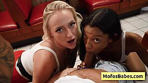 TWO SEXY AND HORNY BIG TIT WAITRESSES SHARE HUGE COCK IN PUBLIC DINER - ELANA BUNNZ EDEN WEST DEREK SAVAGE