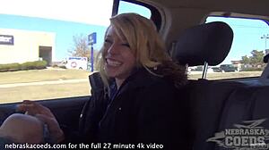 barely 18 skinny blonde fingering shaved pussy while driving outdoors