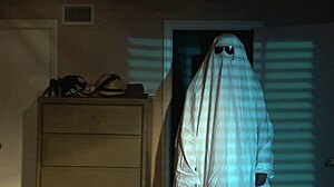 Halloween night with a sexy nude blonde on the bed