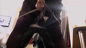 french babe in satin fucks doggystyle 😈