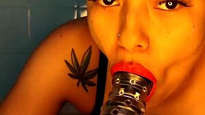 blue changed his cock for a big dildo and swallows it all