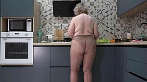 craving breakfast? pick me or eggs, curvy wife teases in nylon pantyhose. busty milf’s big ass steals the kitchen scene!