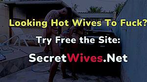 Cuckold wife fucked hard while washing husband's car by sneaky neighbor.  