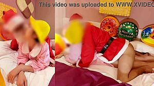 christmas asian couple in costumes practices dirty talk and cosplay for impregnation