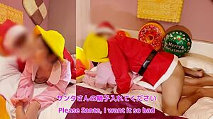 christmas asian couple in costumes practices dirty talk and cosplay for impregnation