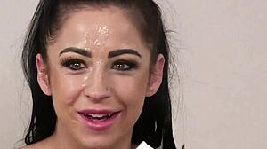 Nasty centerfold receives sperm on face swallowing jism