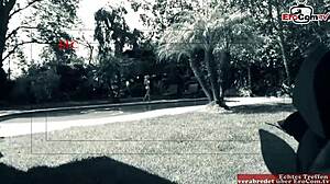 Busty blonde slut seduced by the pool for outdoor sex!