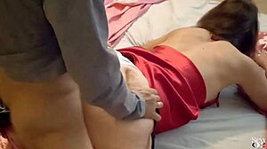 2109 - French amateur in red satin nightie, white thong, black lace garter belt, boots and stockings blowjob deepthroat doggystyle dirty talk?