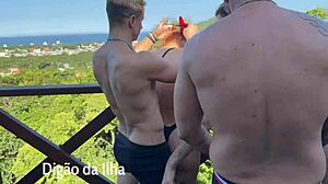 Three beautiful redhead amateurs give blowjobs and enjoy outdoor sex on the balcony with small waists