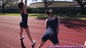 Athletic lesbian teens finger and lick at party