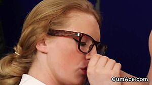 foxy bombshell gets jizz shot on face sucking all the load