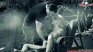 Busty blonde slut seduced by the pool for outdoor sex!